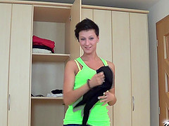 Short haired brunette teen babe Emylia Argan gets her pussy cream pied