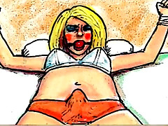 Sissy tied up tightly to a bed - and then helplessly encounters a perverted cruel dominatrix.