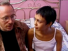 Skinny short haired Latina babe strips and sucks an old guy's cock