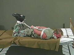 Gay dude in the army gets tied up and sprayed with cum on face