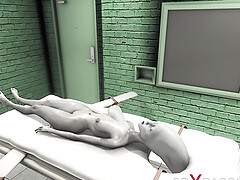Female alien in a jail gets fucked hard by a hot dickgirl in a mask