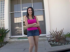 Brunette with big tits and a camel toe gets picked up