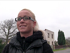 Amateur blonde with glasses bends over to get fucked from behind