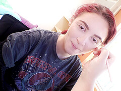 Pale redhead girl Lola Fae gets naked during backstage interview