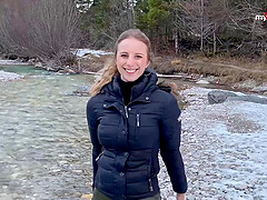 Busty teen gets a huge cumshot while fucking in the snow