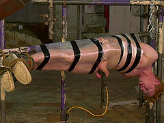 Skinny guy tied up with a chain and spanked + dick torture