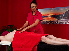 Julia De Lucia massages a guy and takes care of his throbbing dick