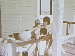 Pigtailed Brunette Slut Sucks Cock in a Porch - Vintage Porn Scene