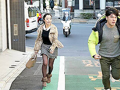 Satisfied beautiful Japanese woman with fingers and tongue