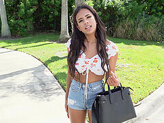 Provocative Latina Autumn Falls flashes her boobs and rides