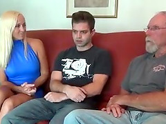 Horny blonde wife fuck with husband and stepson