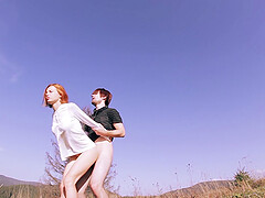 Redhead babe moans loudly while getting her cunt banged outdoors