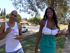 Fake boobs ebony star Codi Bryant drops her clothes for hardcore sex